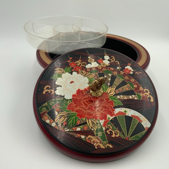 Vtg Republic of China Lazy Susan Lacquer Lidded Footed Serving Tray Fish Handle - Picture 3 of 12